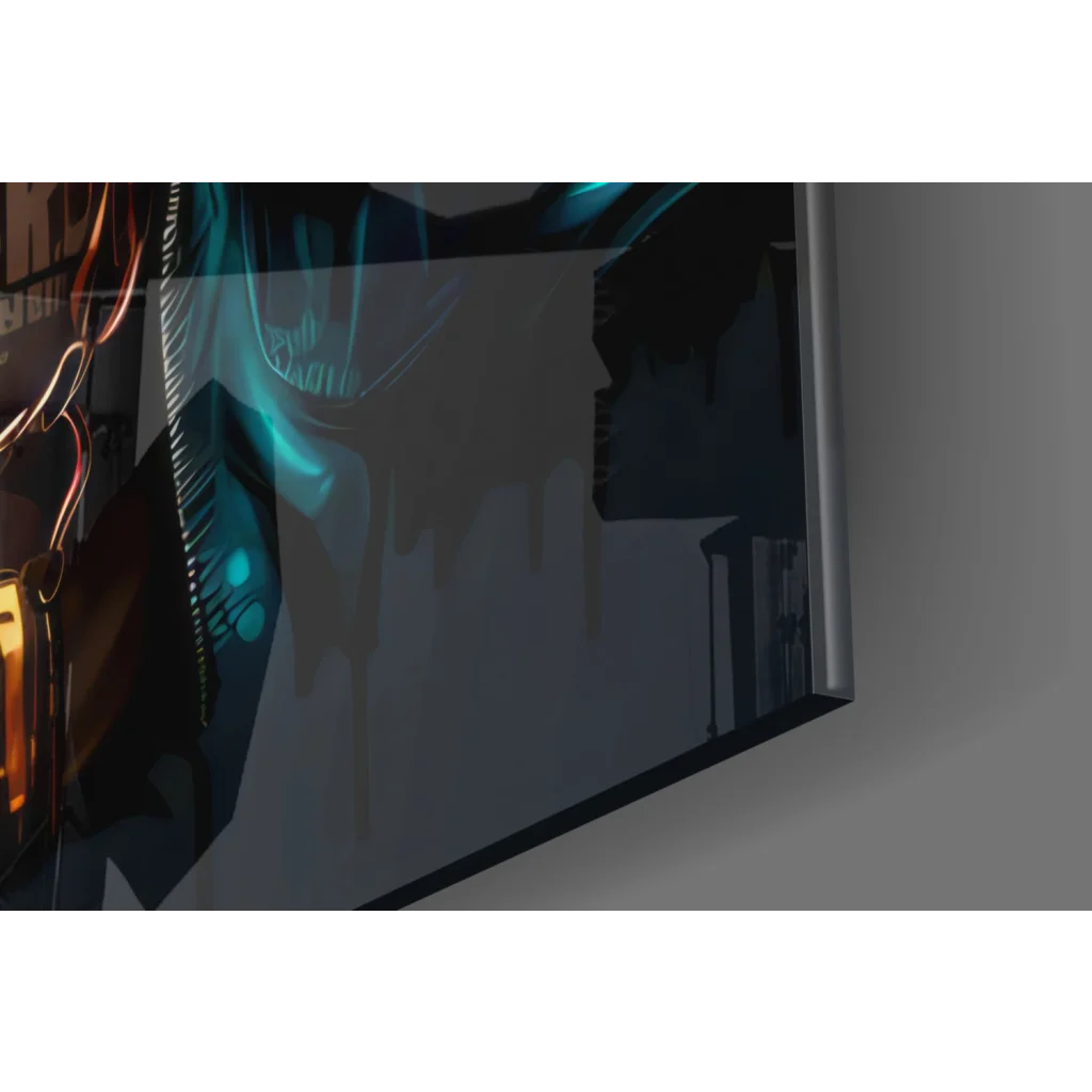 Sleek Neon Monkey DJ glass wall art with headphones, shades, teal cyberpunk glow