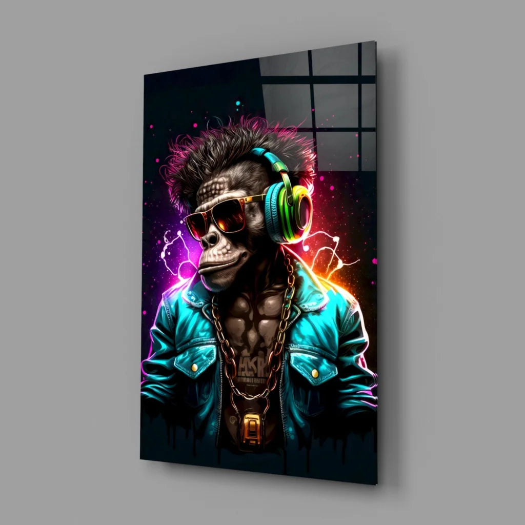 Neon Monkey DJ Glass Wall Art With Headphones and Shades | Glass Wall Art Print | vintageantiquesgifts.com