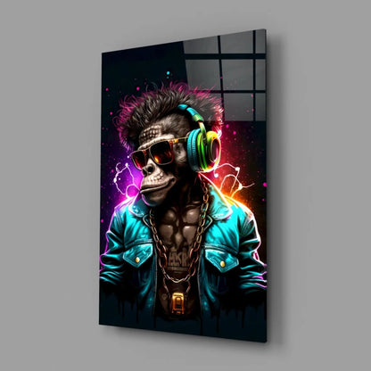 Neon Monkey DJ Glass Wall Art With Headphones and Shades | Glass Wall Art Print | vintageantiquesgifts.com