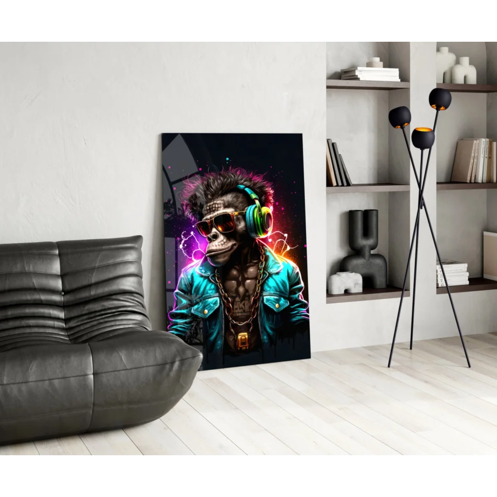 Vibrant neon-lit glass wall art of monkey DJ in shades and headphones
