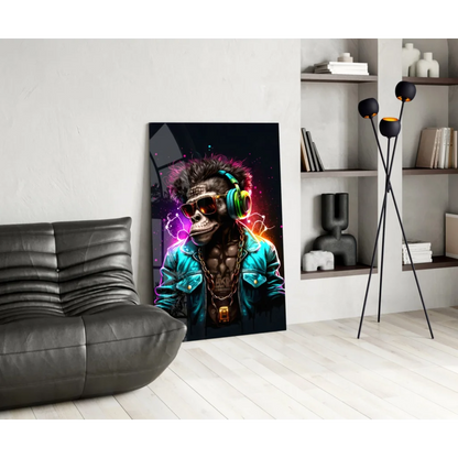 Vibrant neon-lit glass wall art of monkey DJ in shades and headphones
