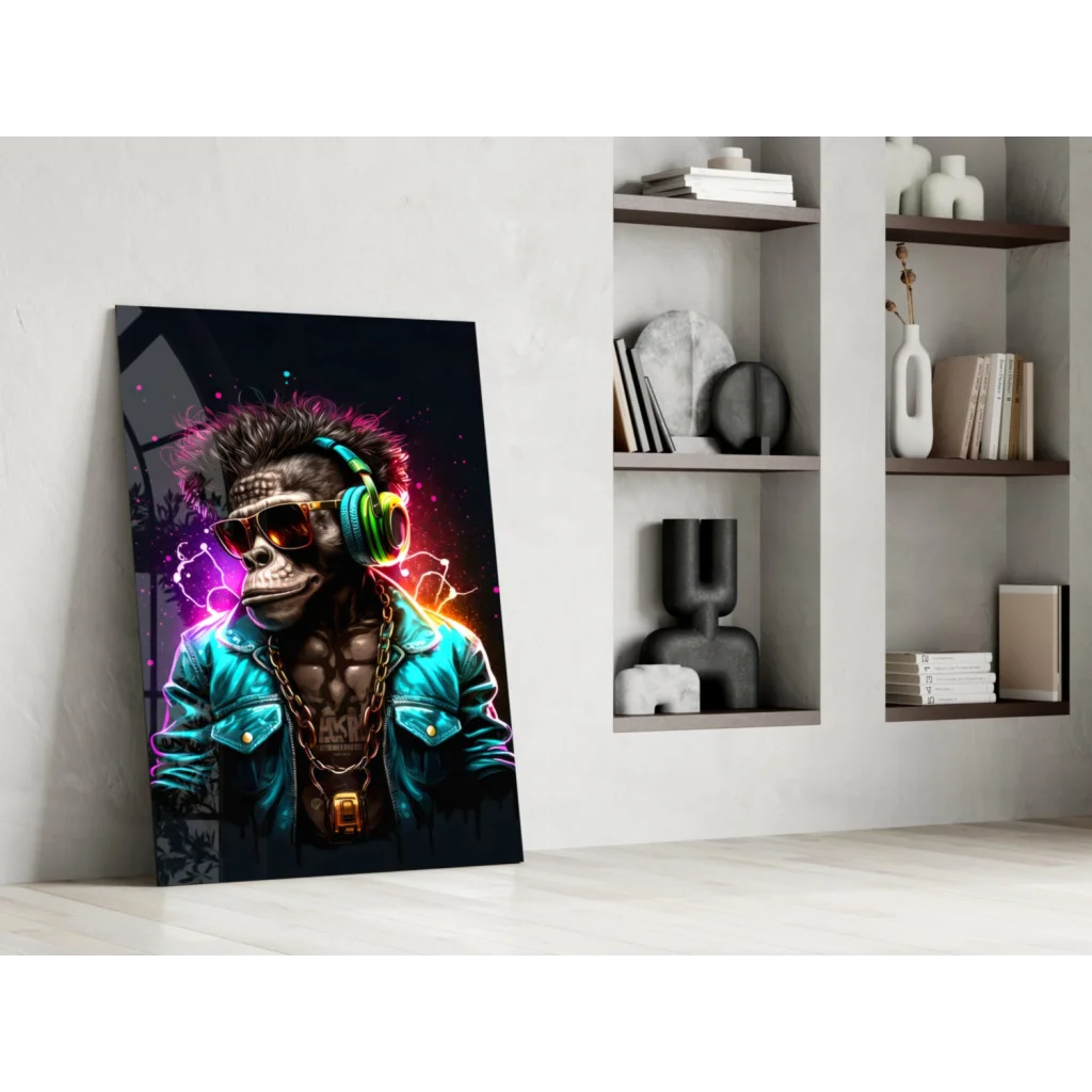 Vibrant neon-lit glass wall art of monkey DJ in shades and headphones