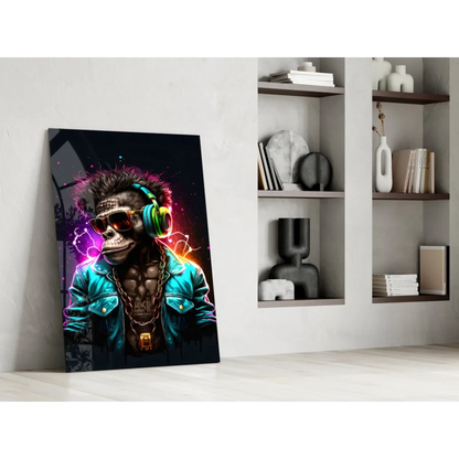 Vibrant neon-lit glass wall art of monkey DJ in shades and headphones