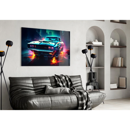 Vibrant neon muscle car wall art with electric flames on black leather couch