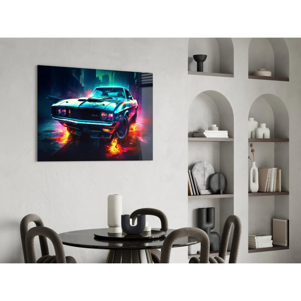 Vibrant neon blue muscle car poster as glass wall art with electric flames