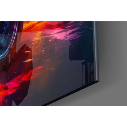 Samsung QLED TV in vibrant red black abstract design wall art