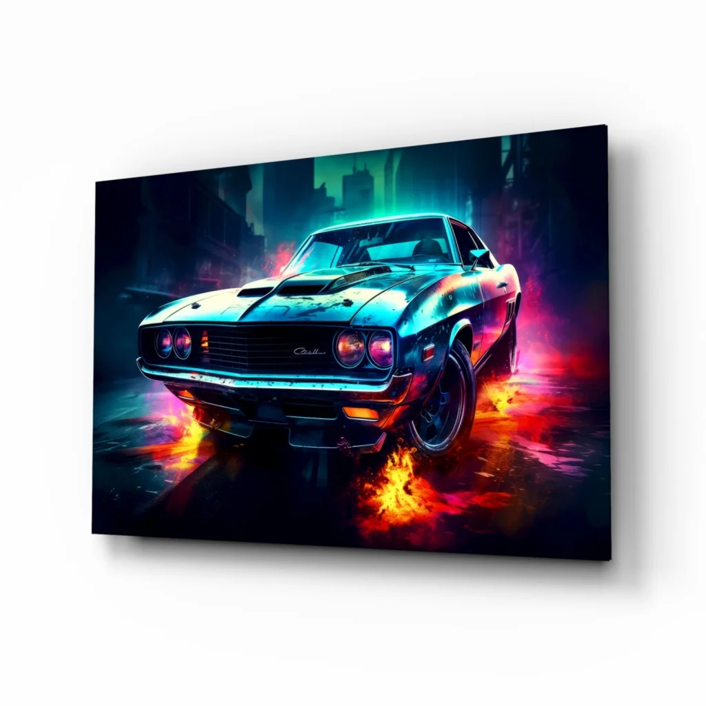 Vibrant 1970s muscle car neon poster canvas wall art with electric flames