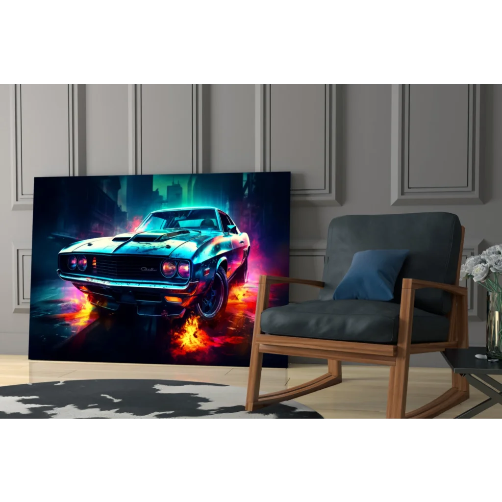 Vibrant 1960s muscle car wall art canvas print with neon electric flames