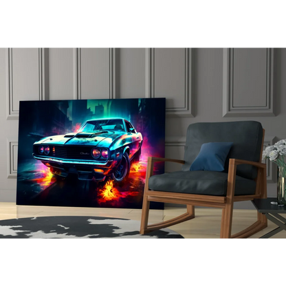 Vibrant 1960s muscle car wall art canvas print with neon electric flames