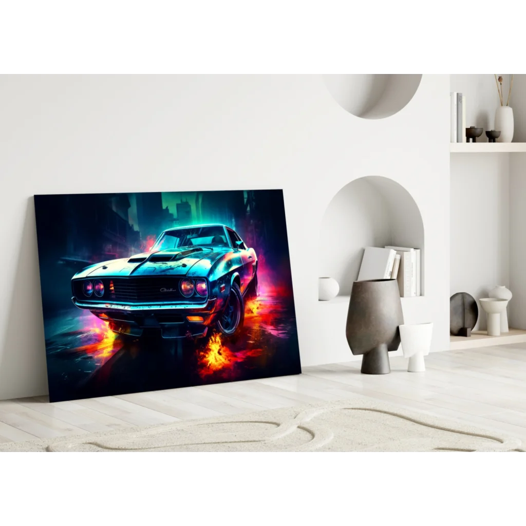 Vibrant 1960s muscle car wall art canvas print with neon flames