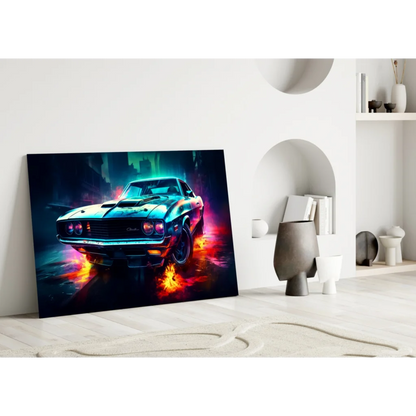 Vibrant 1960s muscle car wall art canvas print with neon flames