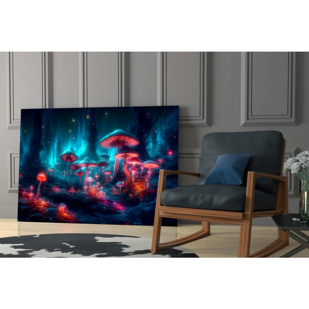 Glowing neon mushroom forest wall art canvas with vibrant red and blue fungi on starry backdrop