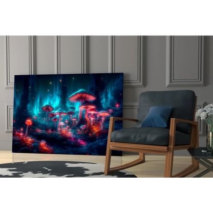 Glowing neon mushroom forest wall art canvas with vibrant red and blue fungi on starry backdrop