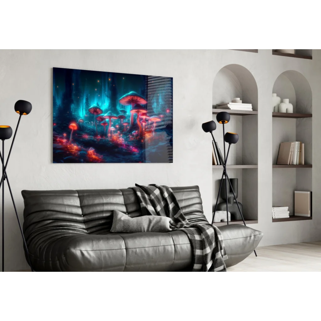 Vibrant neon mushroom forest wall art canvas print with glowing fungi