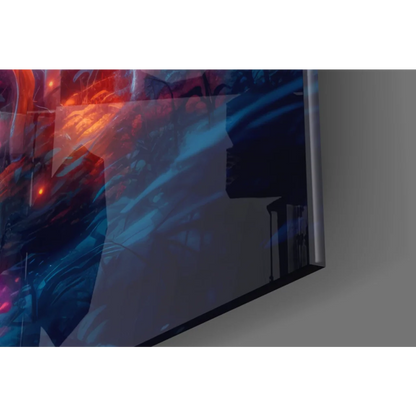 Vibrant fiery red and blue abstract on sleek glass wall art TV frame