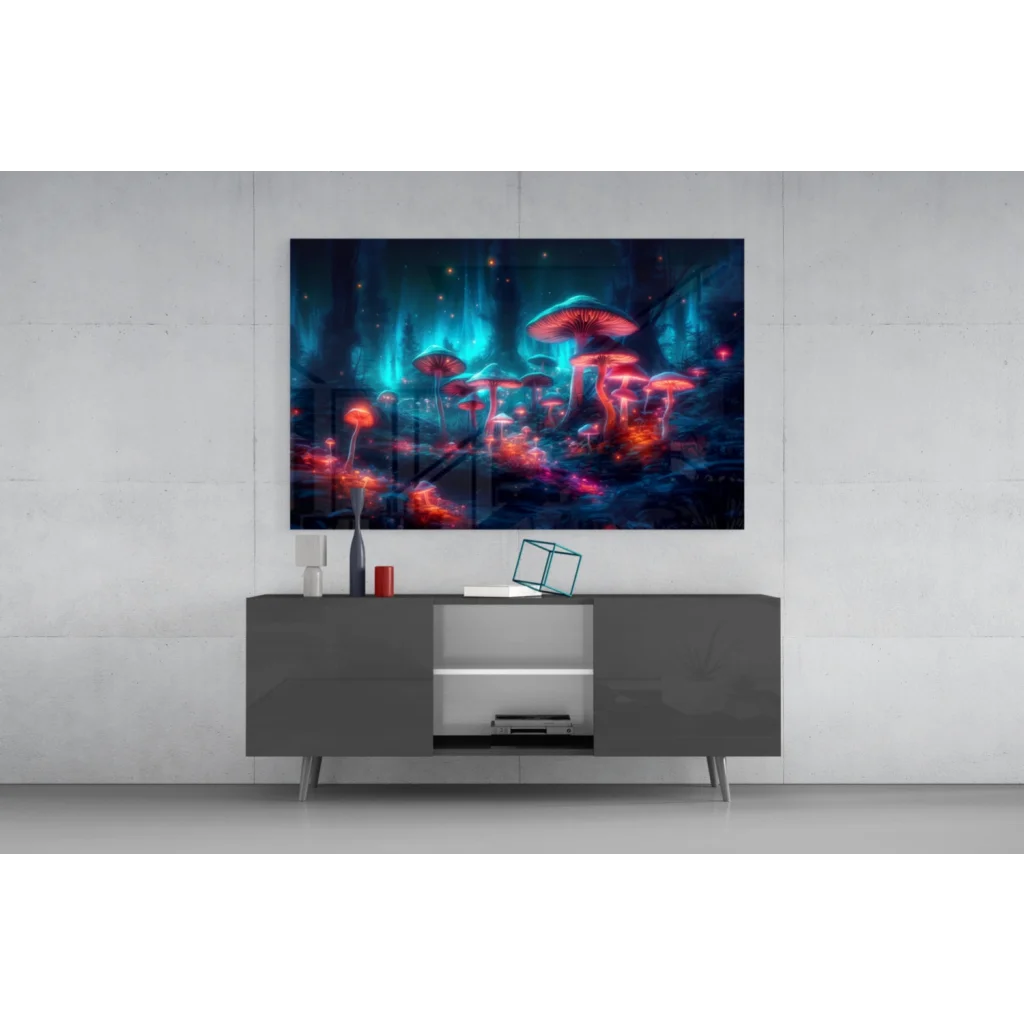 Vibrant neon mushroom forest glass wall art with glowing red and blue fungi