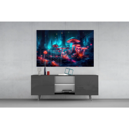 Vibrant neon mushroom forest glass wall art with glowing red and blue fungi