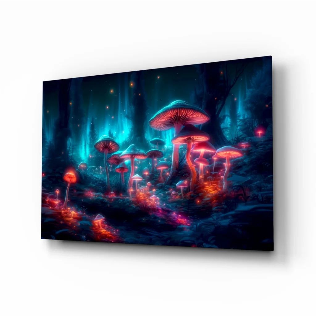 Glowing neon mushroom forest canvas wall art with red pink mushrooms on teal