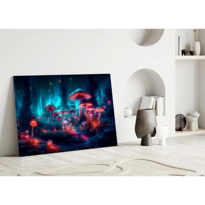 Glowing neon mushroom forest canvas wall art under starry skies
