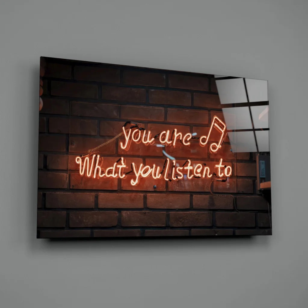 Neon music quote glass wall art on brick canvas