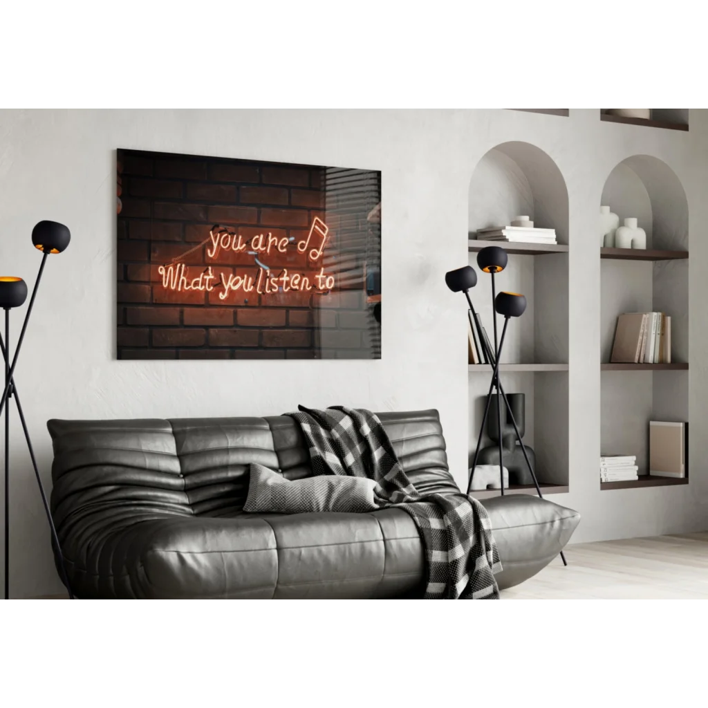 Neon you are what you listen to glass wall art on brick canvas