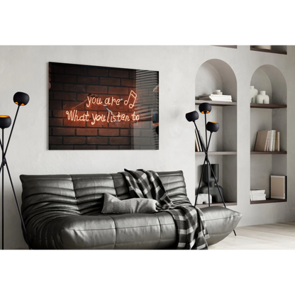 Neon you are what you listen to glass wall art on brick canvas