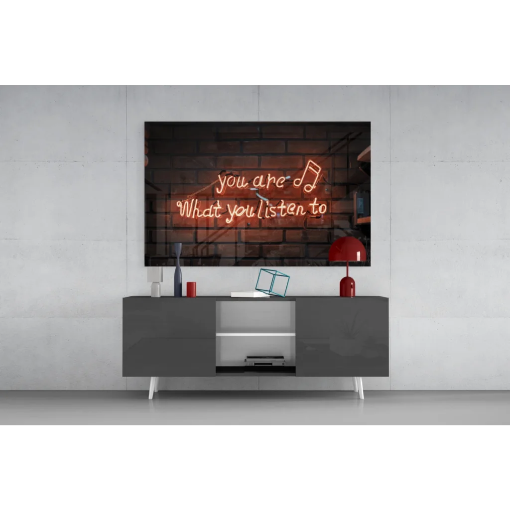 Neon music quote glass wall art on brick canvas with you are what you listen to sign