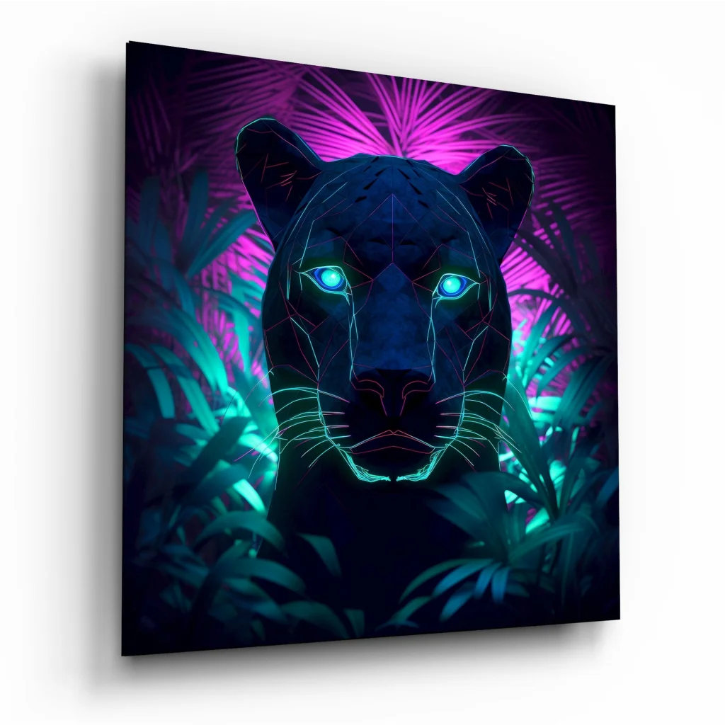Neon panther tempered glass art with glowing blue eyes and vibrant foliage