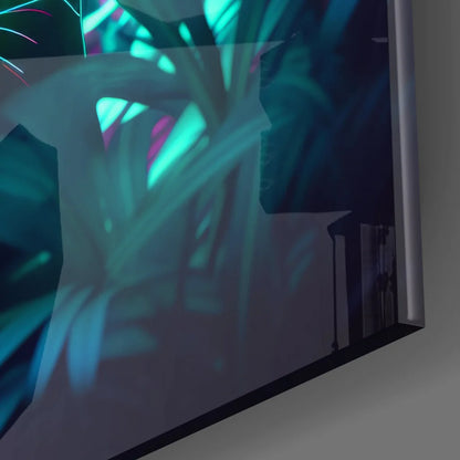 Neon Panther tempered glass art with glowing eyes and abstract teal magenta plants
