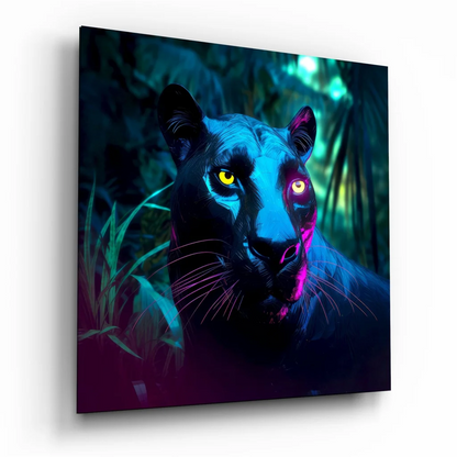 Neon Panther tempered glass art with glowing yellow eyes and vibrant purple-blue lighting