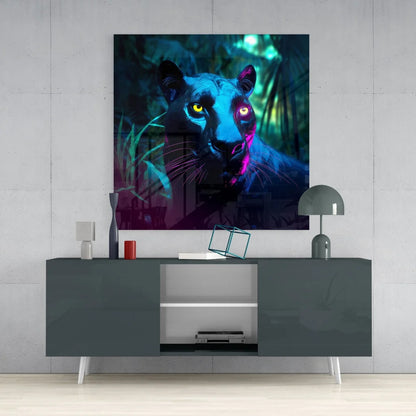 Vibrant neon black panther tempered glass art with glowing yellow eyes