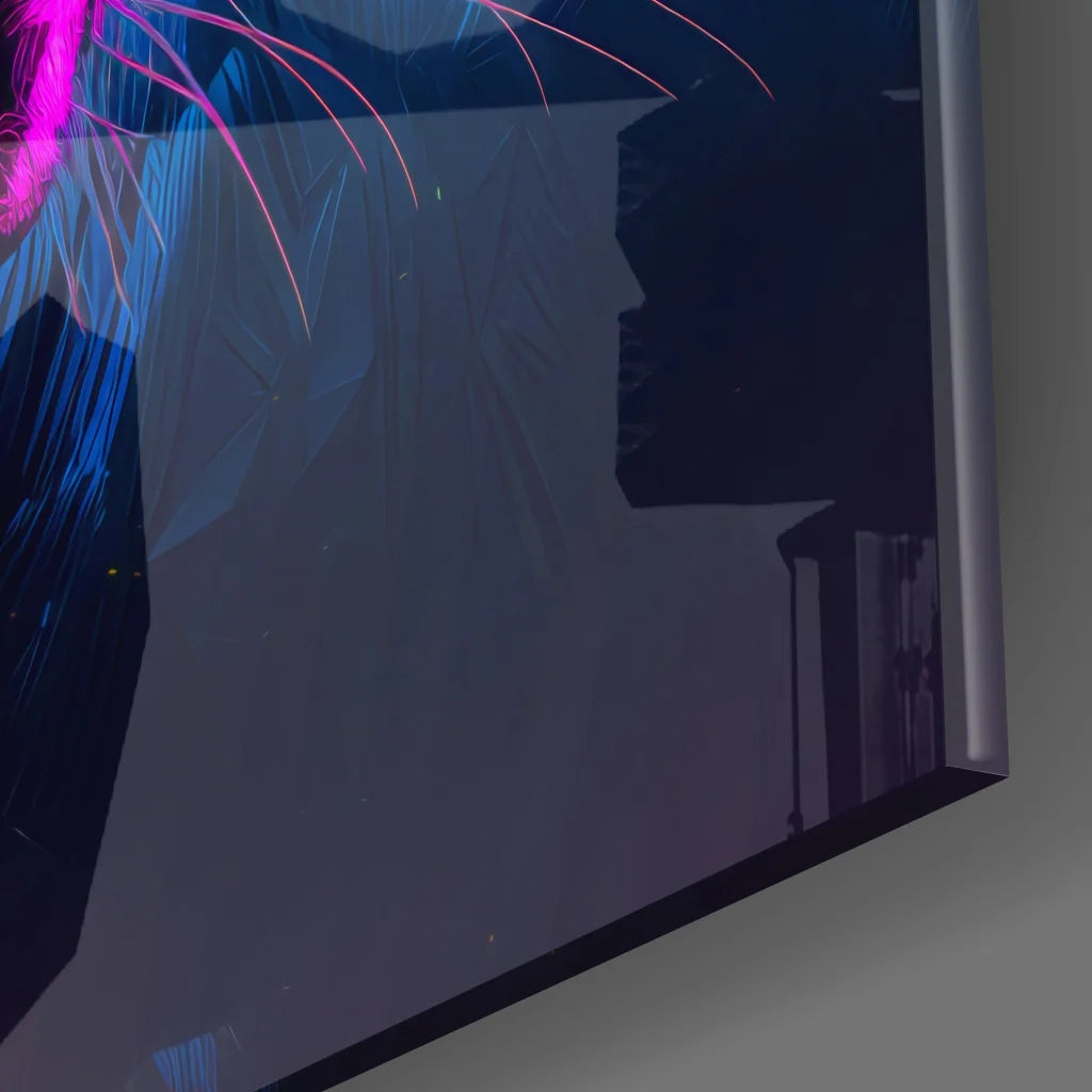 Neon Panther tempered glass art with glowing pink blue neon shapes