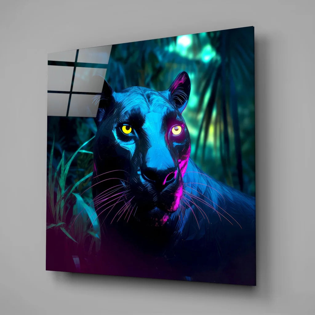 Neon Panther tempered glass art with glowing yellow eyes and vibrant colors