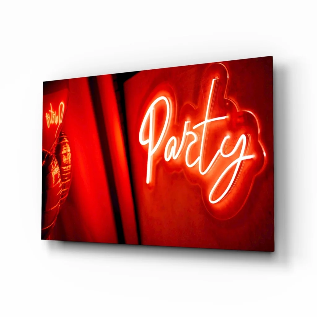 Red and white neon party sign glass wall art illuminated decor