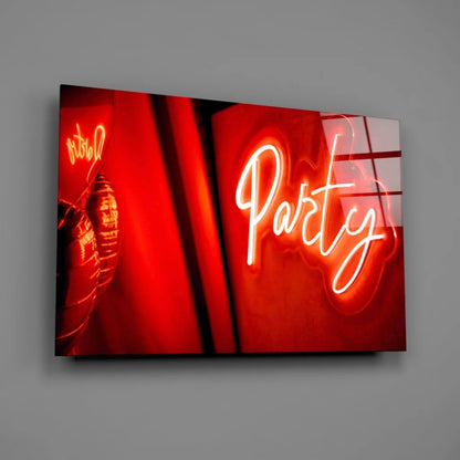 Illuminated red neon party sign on white glass wall art