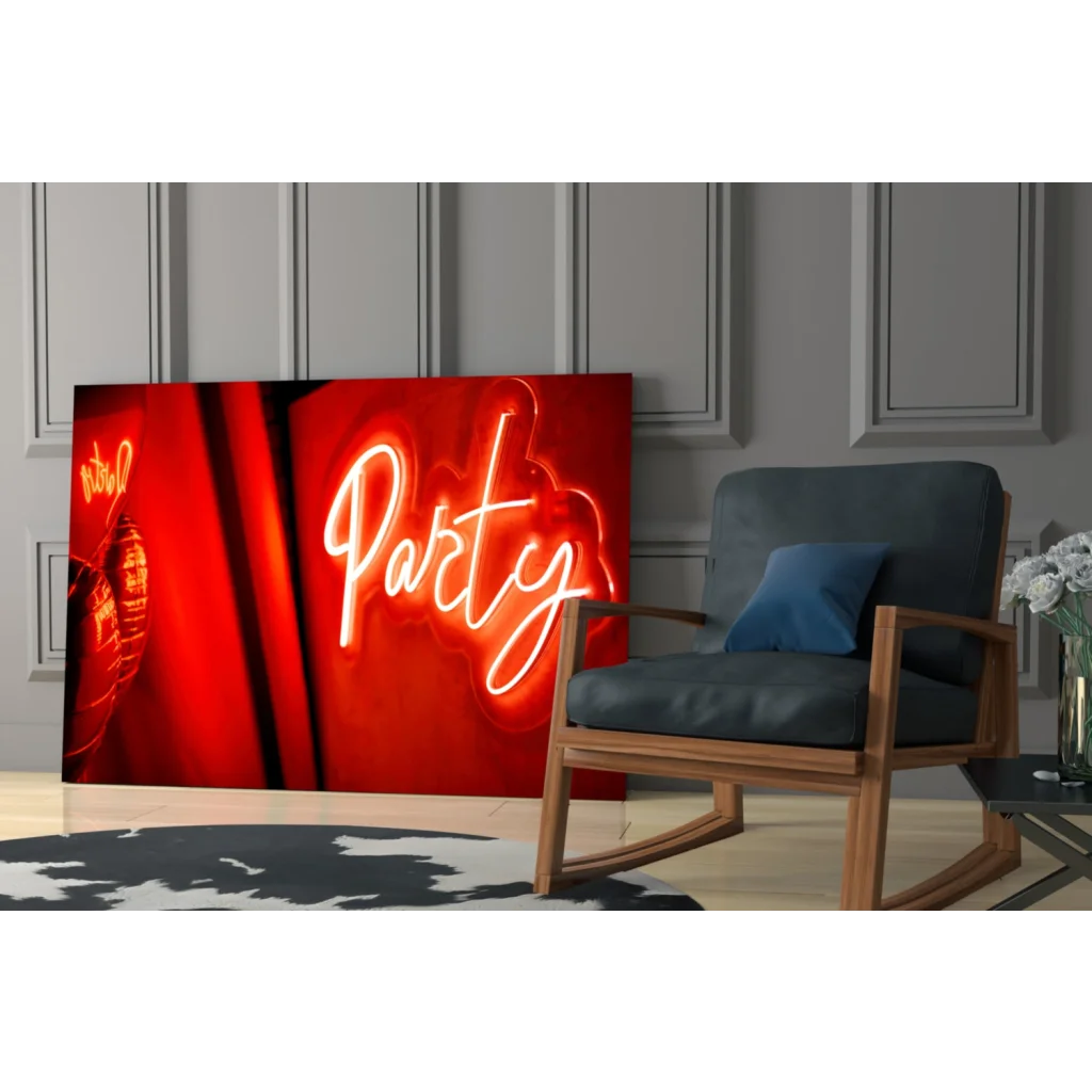 Red and white neon party sign glass wall art illuminated decor