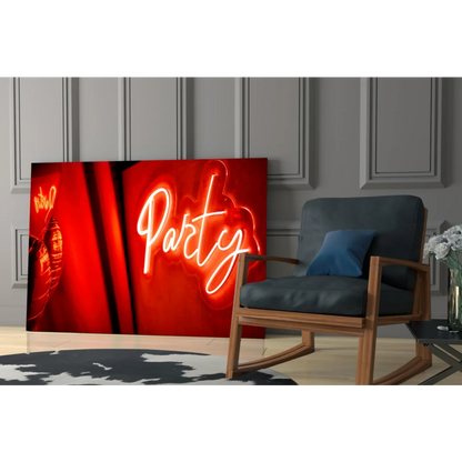 Red and white neon party sign glass wall art illuminated decor