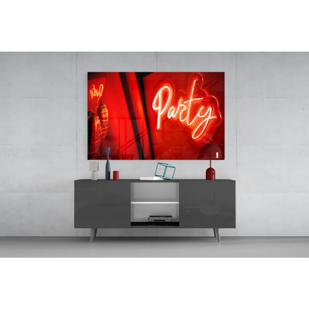 Sleek black 4K smart TV in glossy frame as Neon Party Sign red white glass wall art