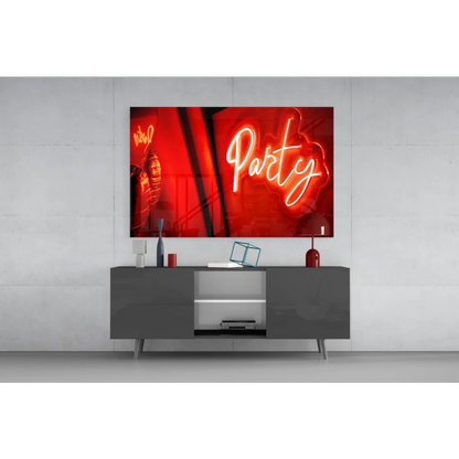 Sleek black 4K smart TV in glossy frame as Neon Party Sign red white glass wall art