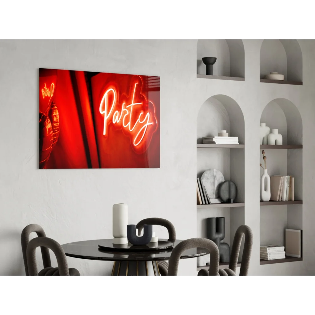 Red neon party sign on black background, modern glass wall art decor