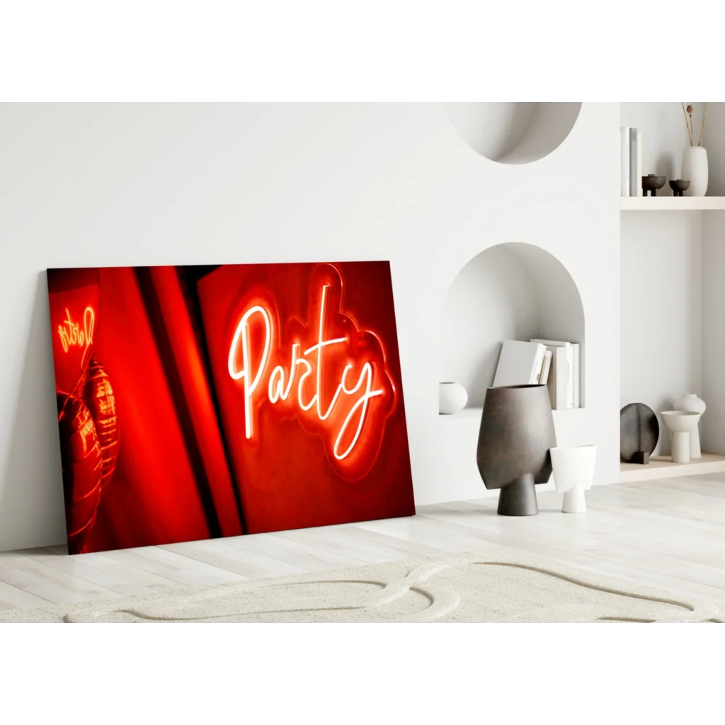Vibrant red and white neon party sign glass wall art illuminated decor