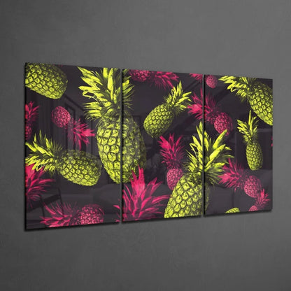 Vibrant neon yellow magenta pineapples float on dark triptych wall art canvas