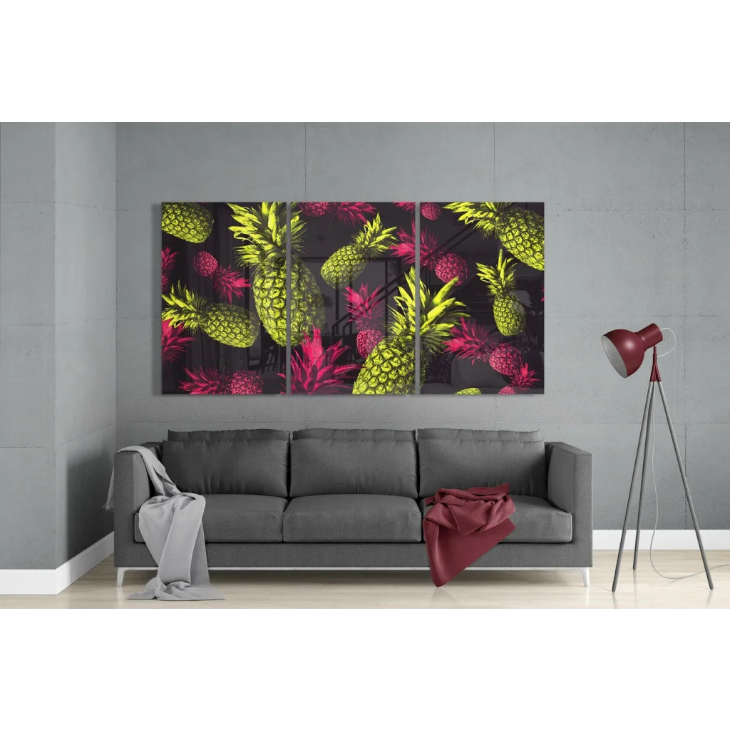 Vibrant neon yellow magenta pineapple glass wall art triptych set