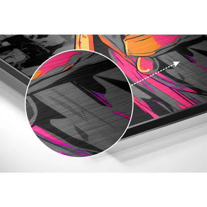 Neon pink abstract art print on brushed aluminium dibond, textured black and pink canvas