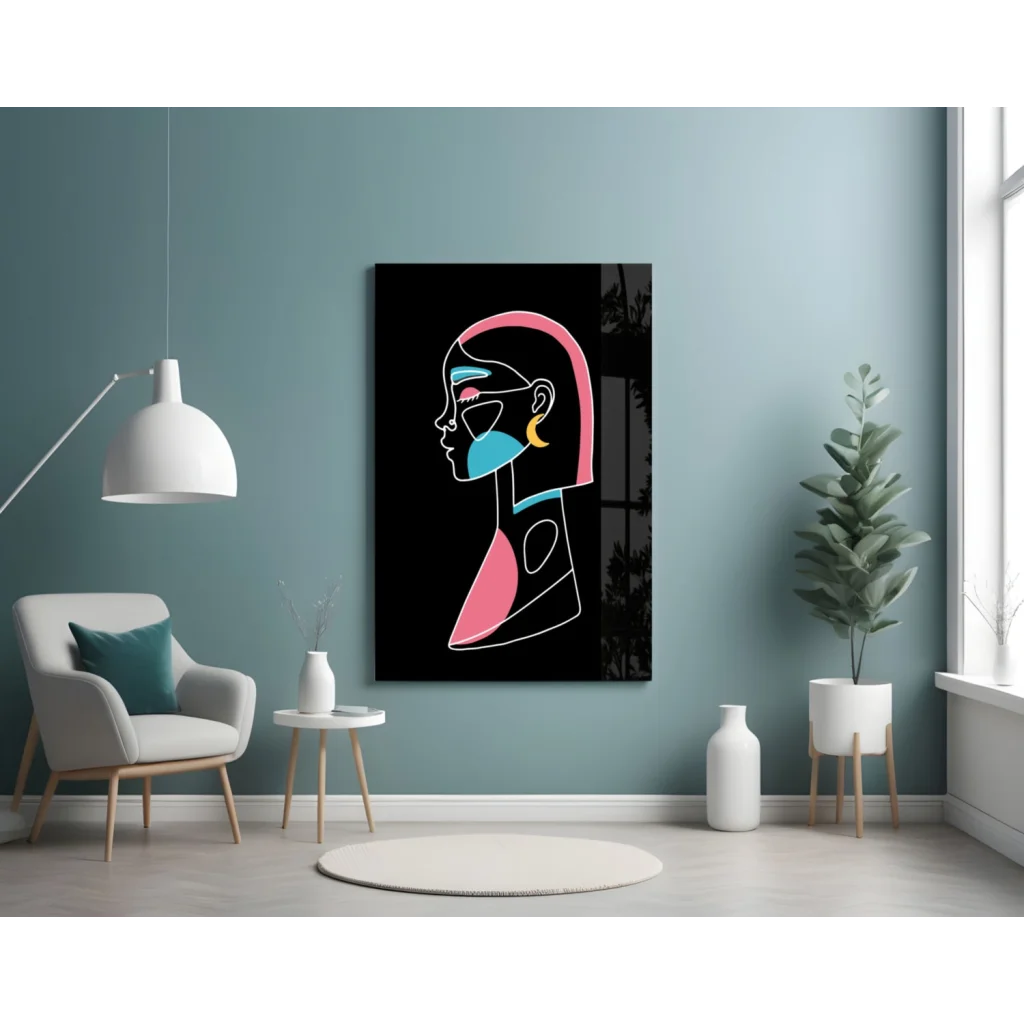 Neon pink blue abstract glass wall art print on black