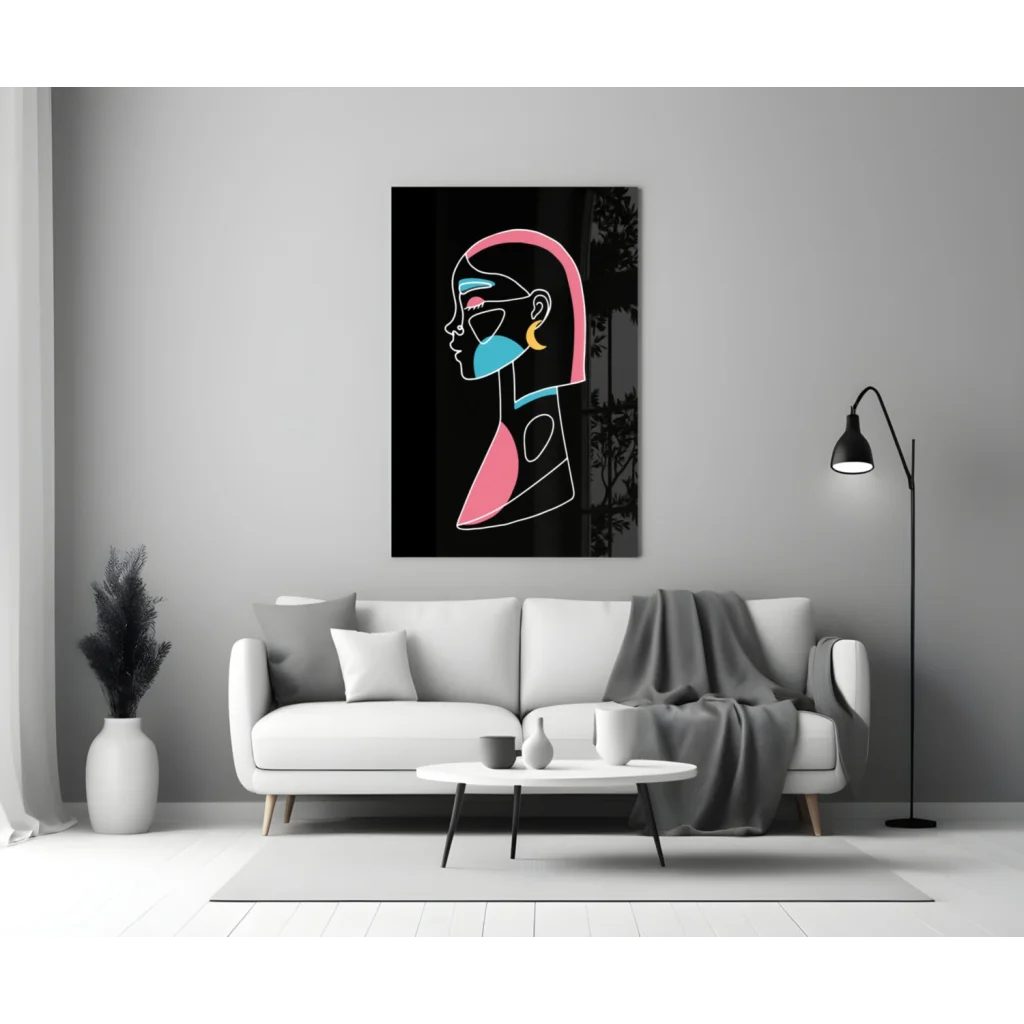 Vibrant neon pink blue abstract glass wall art print on black