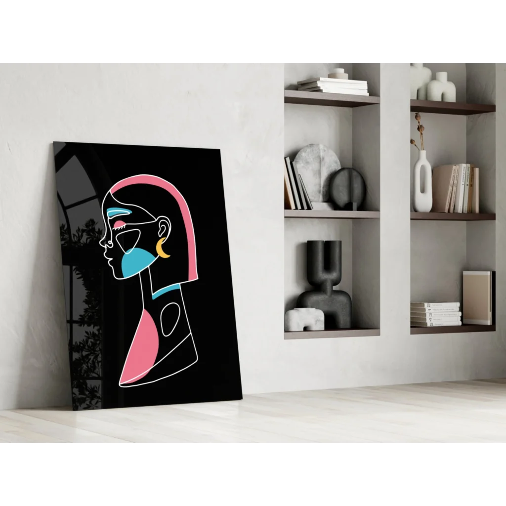 Vibrant neon pink blue abstract glass wall art print on black canvas
