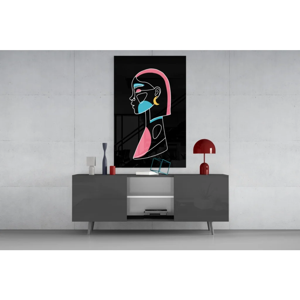 Vibrant neon pink blue abstract glass wall art with human figure on black