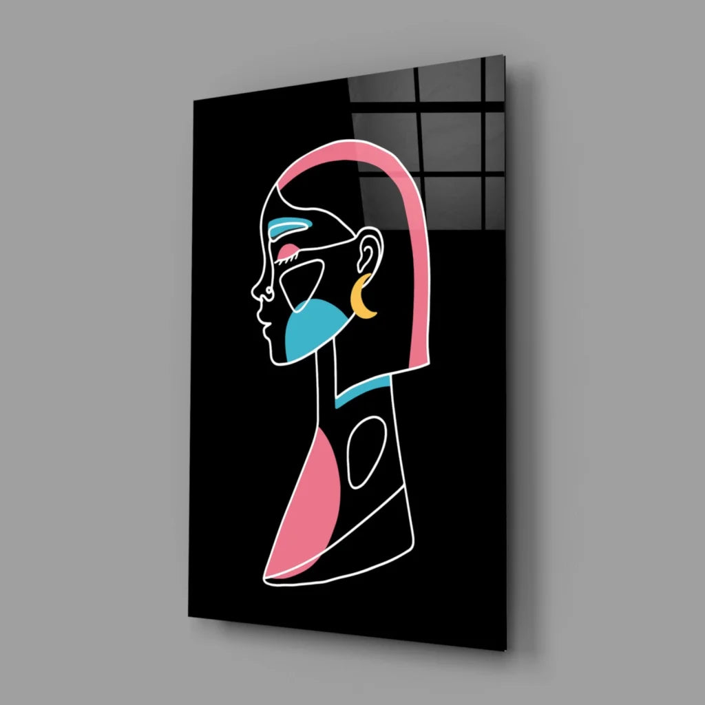 Black abstract glass wall art with pink blue geometric shapes