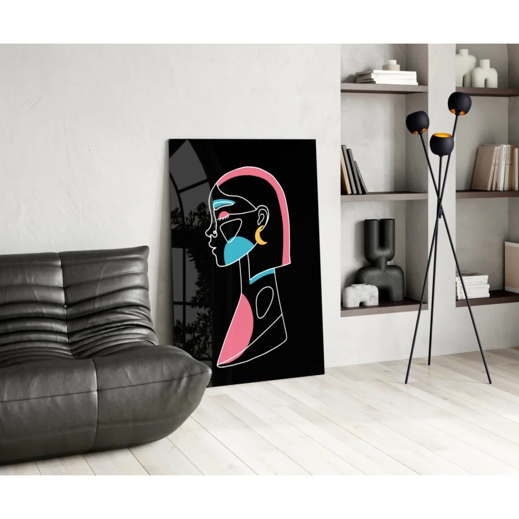 Neon pink blue abstract glass wall art print on black